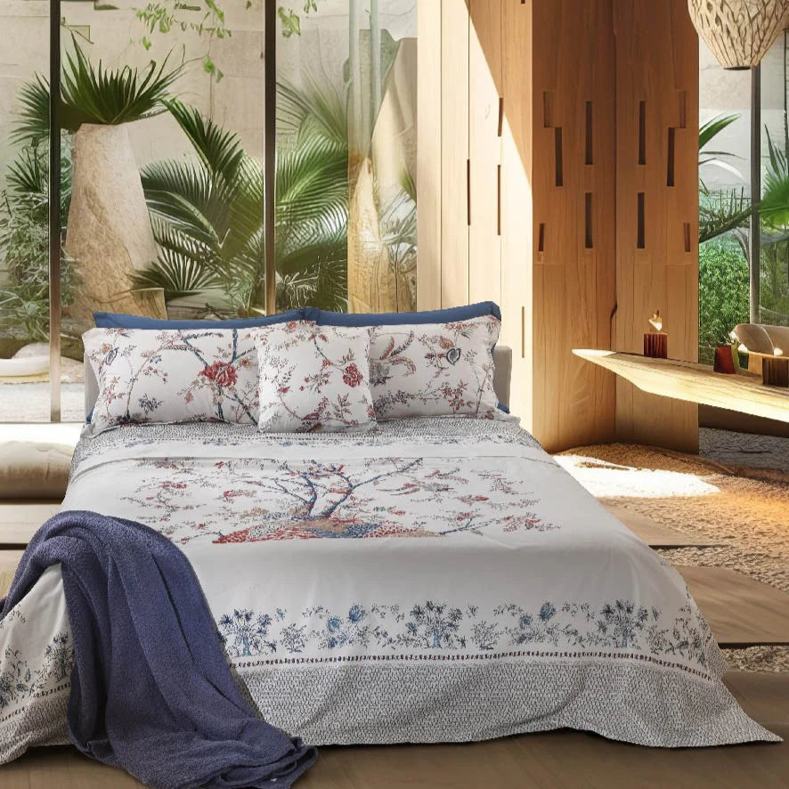 Mirabello completo di lenzuola matrimoniali in Puro Percalle di Cotone effetto copriletto art. Tree of Life