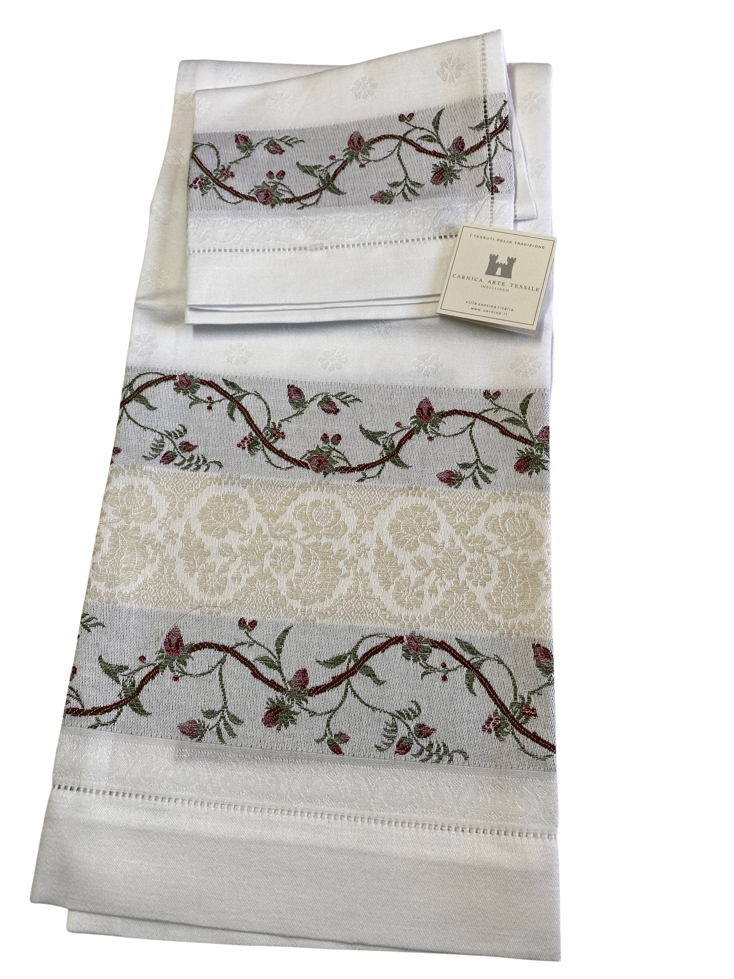 Carnica Arte Tessile Coppia di Asciugamani in Misto Lino con Pregiata Lavorazione Jacquard, Orlo a Giorno perimetrale