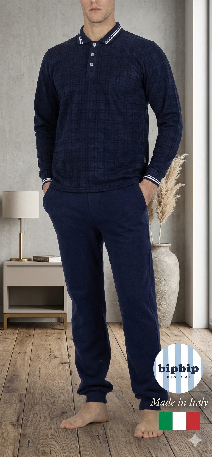 Bip Bip Men's Pajamas in Pure Cotton Fleece with Henley Collar Art. 5036