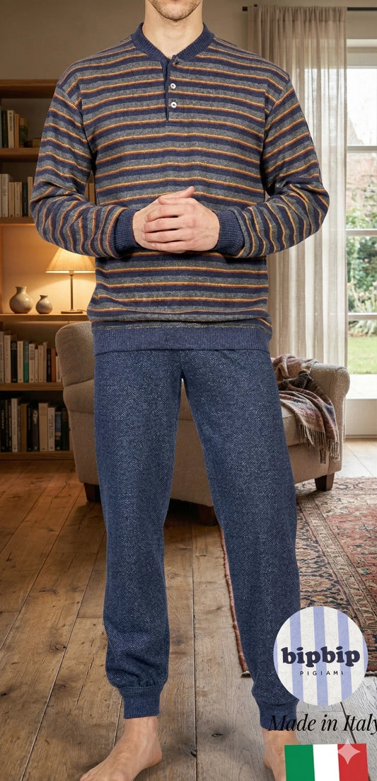 Bip Bip Pigiama per Uomo Maniche Lunghe e Pantaloni Lunghi Modello Serafino con Tre Bottoni in Caldo Cotone Peso Medio Pesante Art. 6821