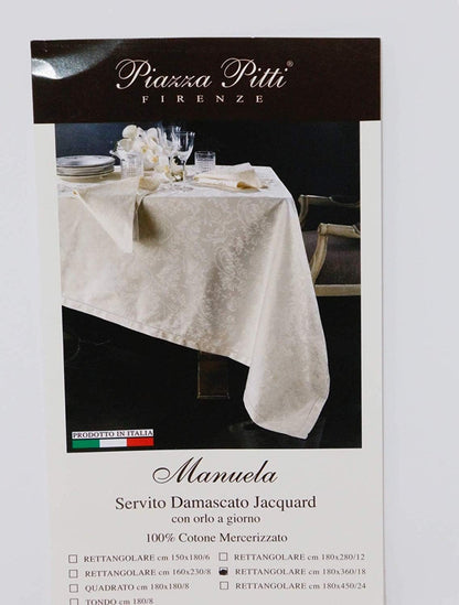 Piazza Pitti Elegant Tablecloth with Napkins in Pure Cotton Damask Jacquard Workmanship with Hemstitch Art. Manuela