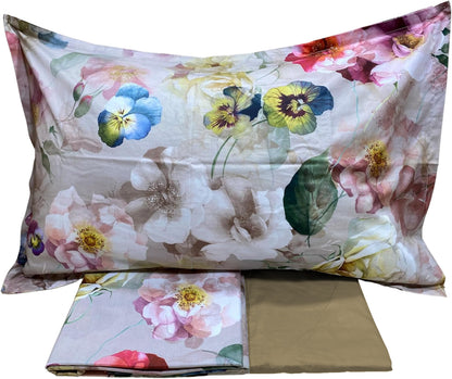 Mirabello Completo Lenzuola letto Due piazze in fine Percalle di Cotone, Effetto copriletto con Doppia Balza Art. Bloom Cascade