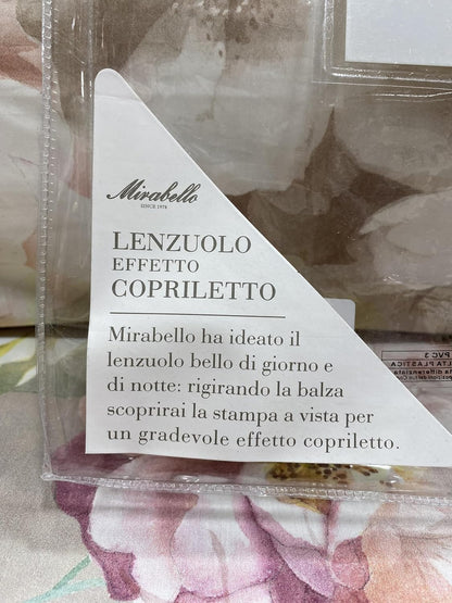 Mirabello Completo Lenzuola letto Due piazze in fine Percalle di Cotone, Effetto copriletto con Doppia Balza Art. Bloom Cascade
