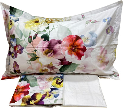 Mirabello Completo Lenzuola letto Due piazze in fine Percalle di Cotone, Effetto copriletto con Doppia Balza Art. Bloom Cascade