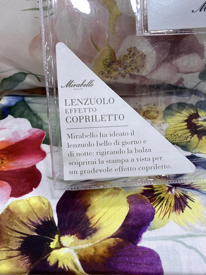 Mirabello Completo Lenzuola letto Due piazze in fine Percalle di Cotone, Effetto copriletto con Doppia Balza Art. Bloom Cascade