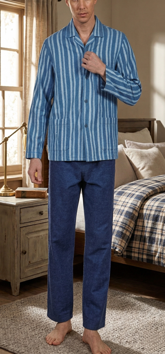 PIER MORI'S Pigiama da Uomo Classico con Collo a Camicia in Pura Flanella Calda di Cotone art. E020010