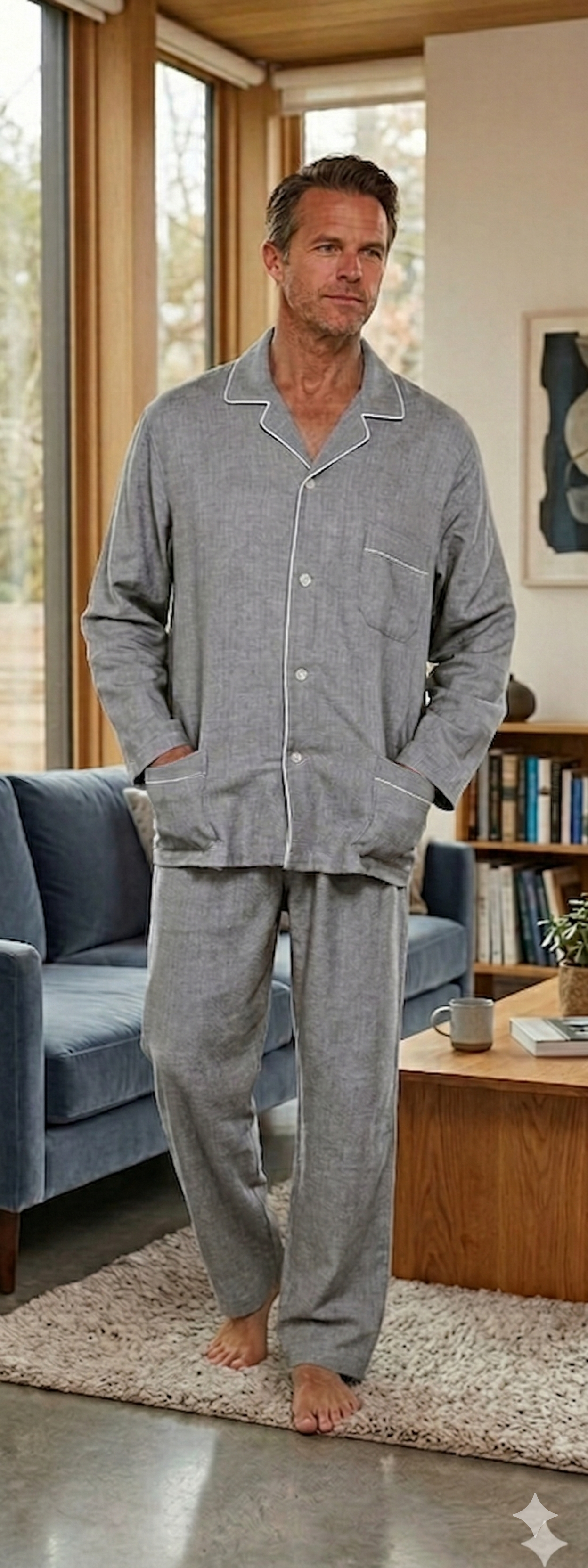 Pigiama Uomo in Flanella di Puro Cotone Collo Camicia con Profilo Pantalone Aperto Art. E01519