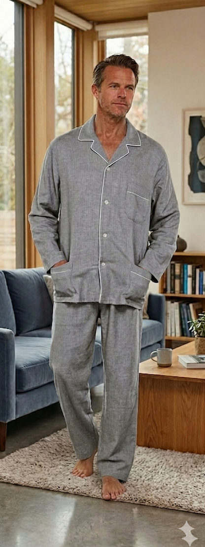 Pigiama Uomo in Flanella di Puro Cotone Collo Camicia con Profilo Pantalone Aperto Art. E01519