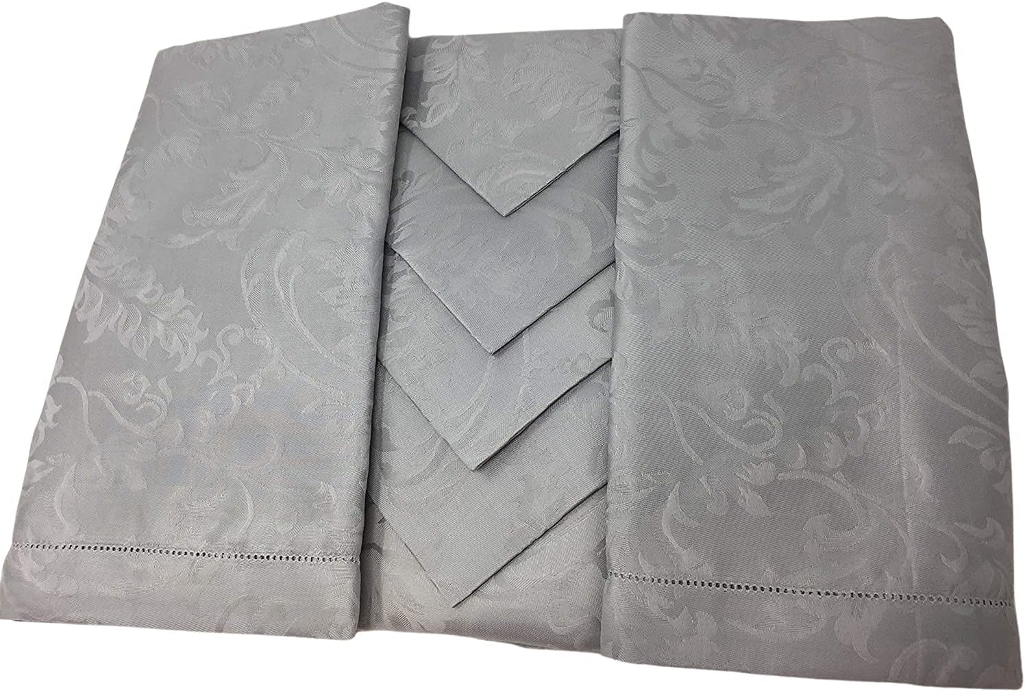 Tovaglia E Tovagliolo In Jacquard Damascato – Grigio Argento, Rettangolare 70x365 Cm – Misto Cotone