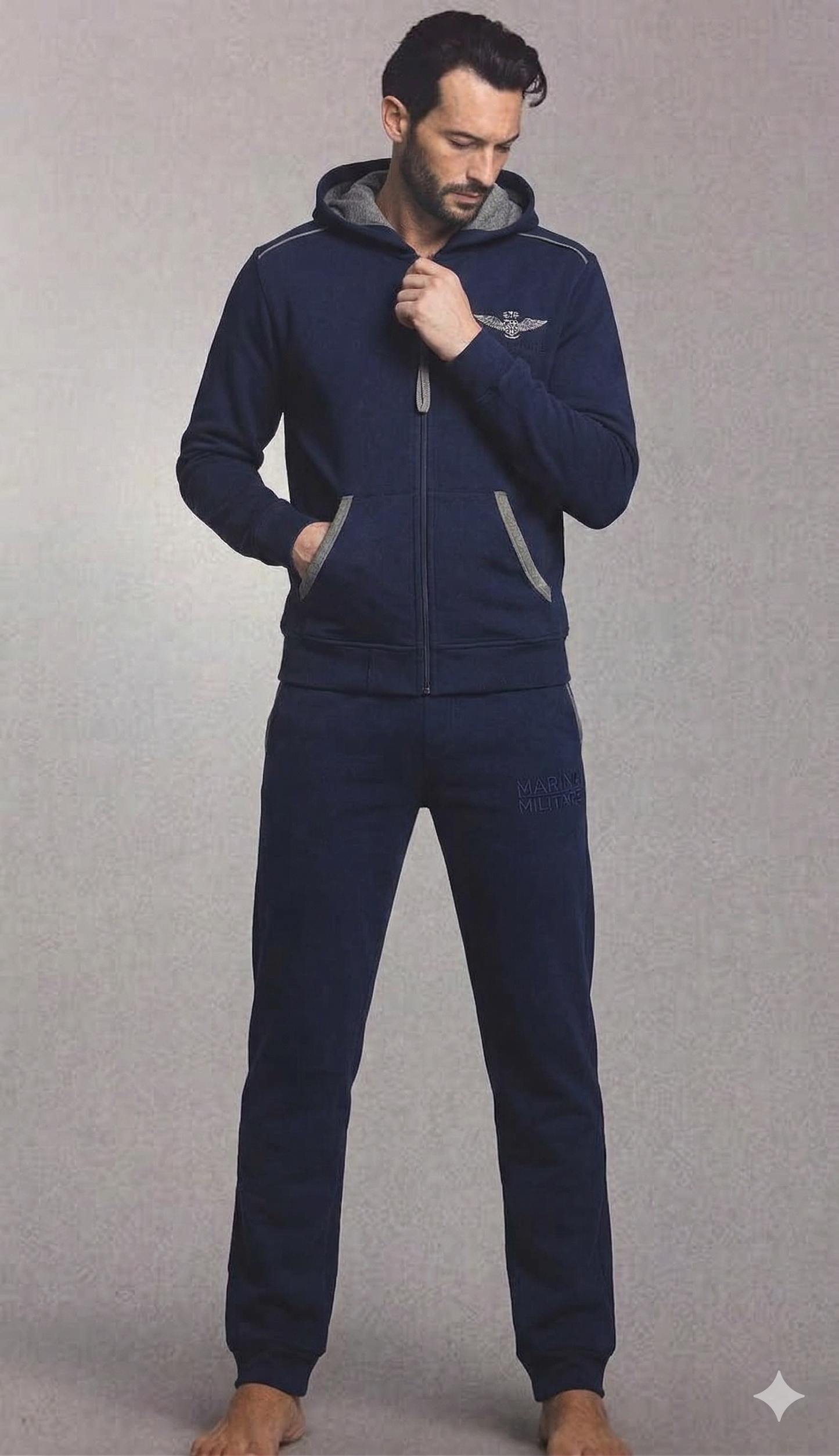 Pyjama / jogging pour homme bleu marine en polaire de coton poids automne avec fermeture éclair et capuche art. 6M93957MM