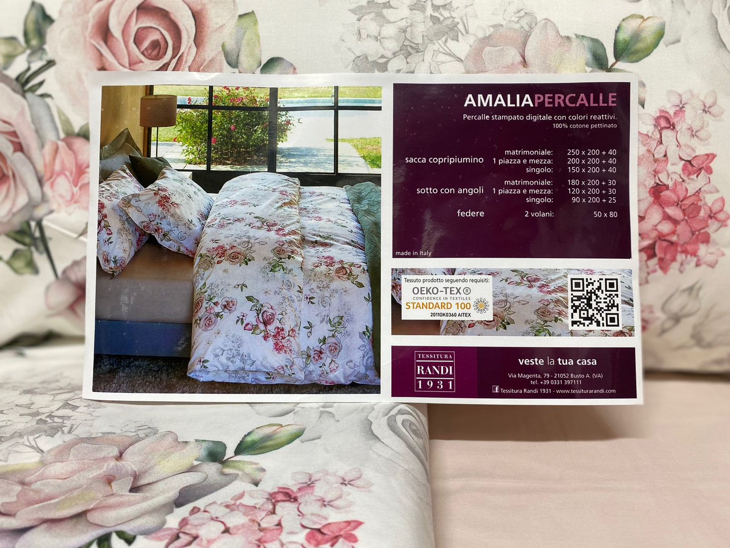 Tessitura Randi 1931 Double Duvet Cover Set Art. Amalia in Pure Cotton Percale 200 TC Digital Print with Reactive Colors