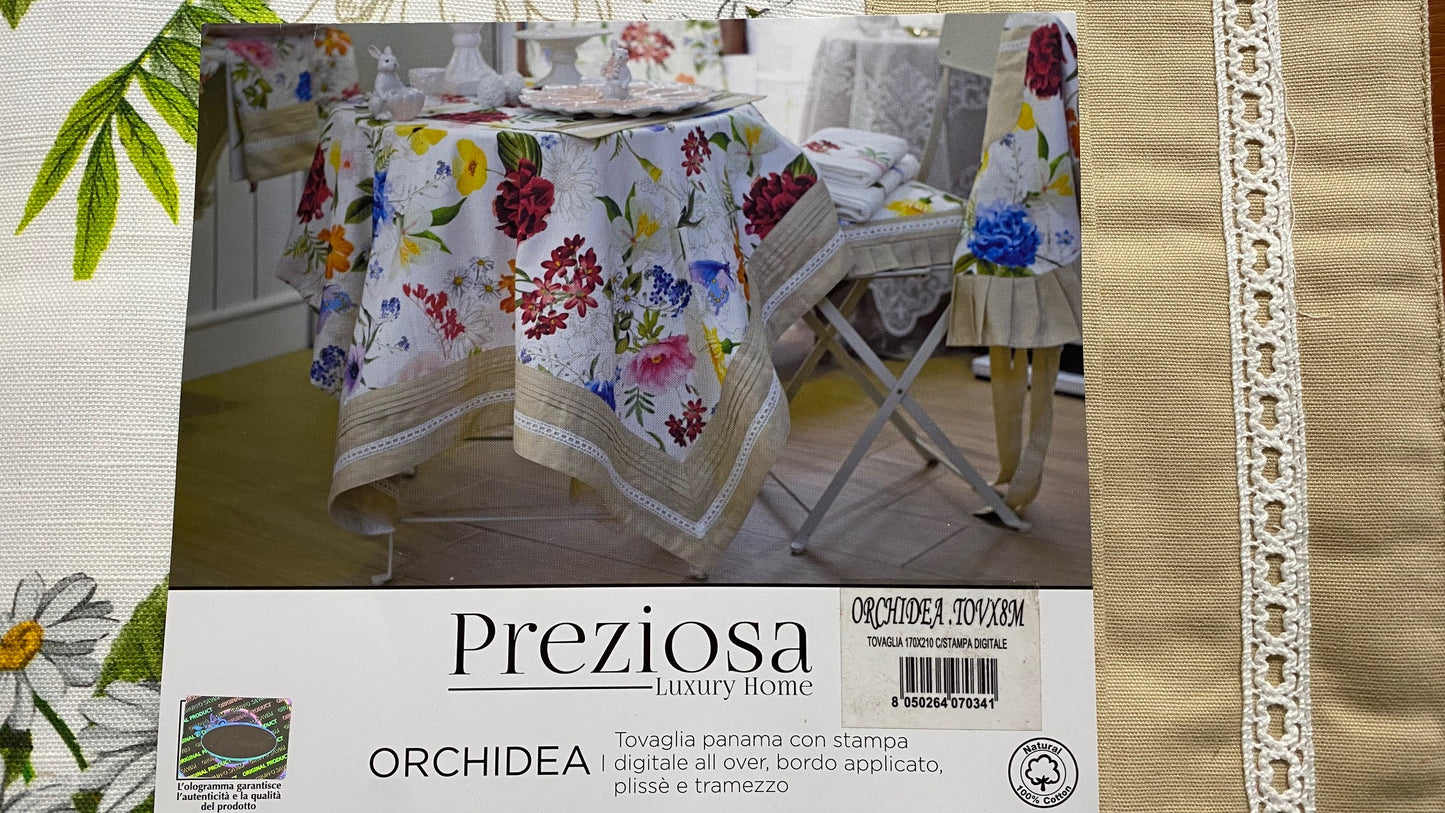 Preziosa Luxury Home - tovaglia da tavola senza tovaglioli in Puro Cotone e preziosa stampa digitale art. Orchidea