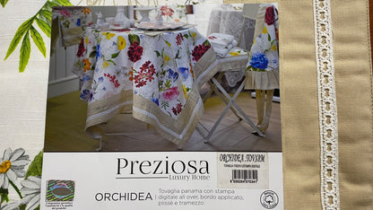 Preziosa Luxury Home - tablecloth without napkins in Pure Cotton and precious digital print art. Orchidea