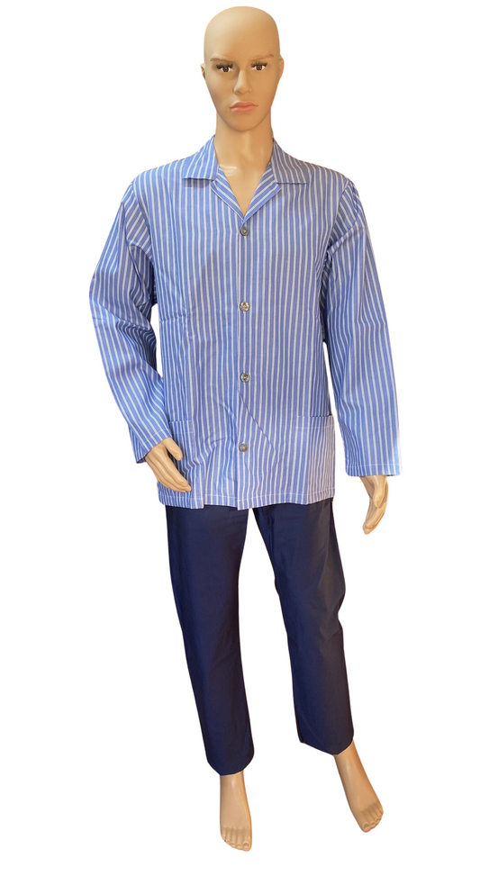 Men's Two-Piece Buttoned Pajamas MOD. Cardigan in Pure Cotton Striped Mercerized Satin Spring Weight Dueffe Art. Carlo