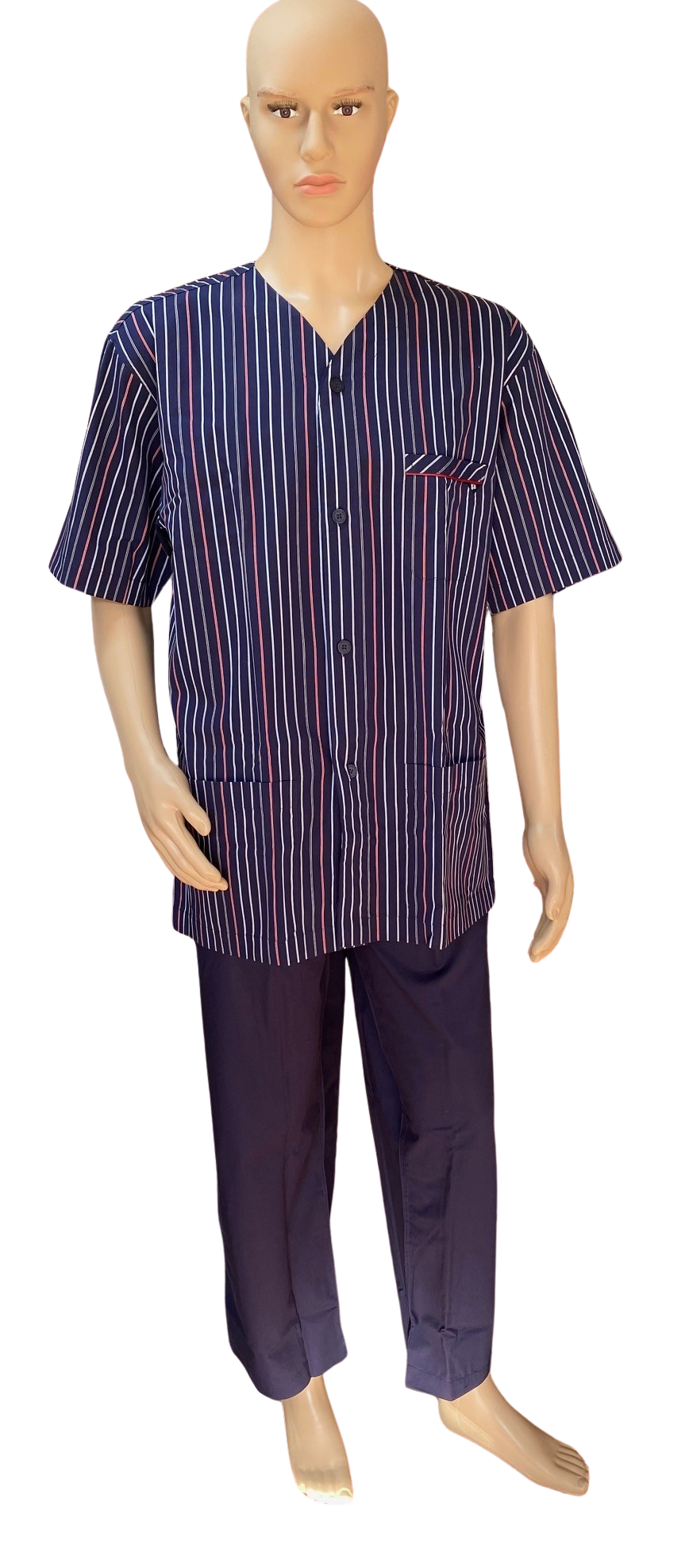 Pyjama homme Perofil deux pièces boutonné sans col en pur coton Mako mercerisé et teint en fil, poids printemps Art. Clématide