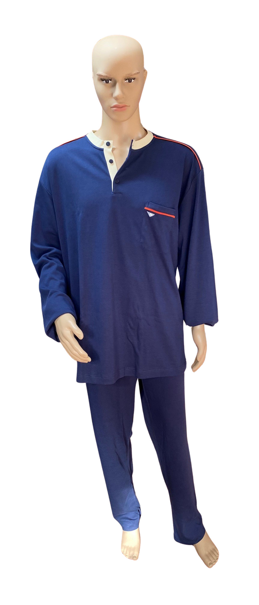 Perofil Men's Pajamas Long Sleeves and Long Pants Serafino Model with Three Buttons in Pure Interlock Cotton Medium Weight Art. Rabarbaro