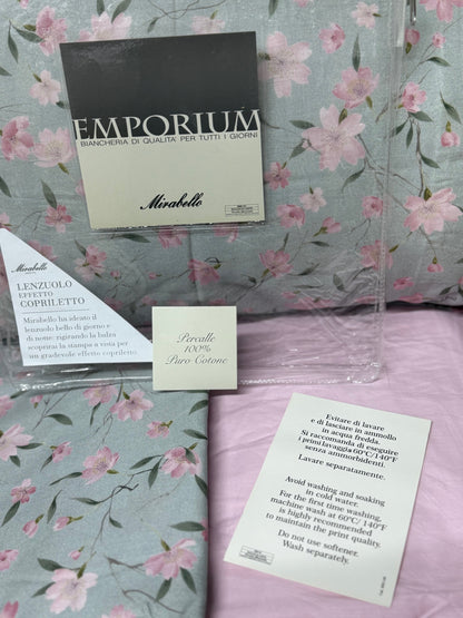 Mirabello Completo Lenzuola letto singolo in fine Percalle di Cotone, Effetto copriletto con Doppia Balza Art. Cherry tree