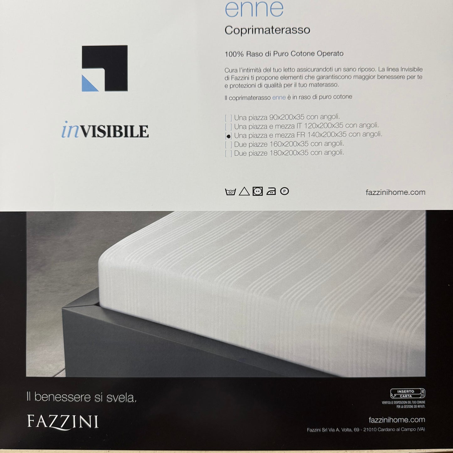 Fazzini Coprimaterasso varie misure in 100% Puro Raso di Cotone con angoli art. ENNE