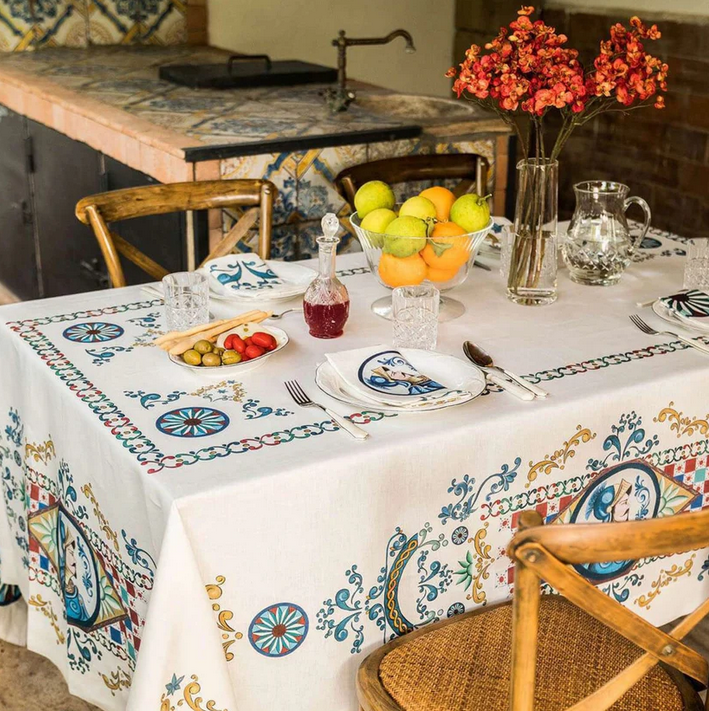 The Napking Elegant table cover without napkins in Pure Linen with digital print with typical Sicilian design art. Paladini
