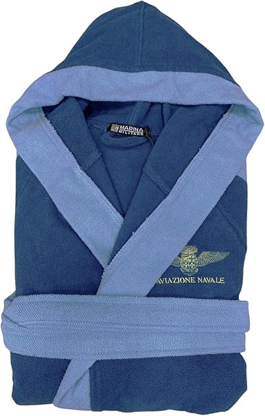 Navy Men's Bathrobe with Hood in Pure Two-Tone Rice Grain Sponge 480 gr/m2 Art. 6M98478MM