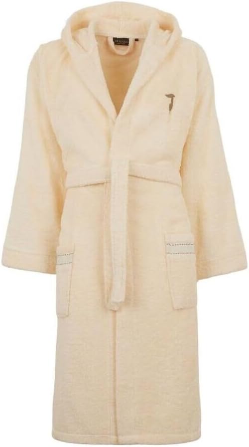 Trussardi Hooded bathrobe in solid color terry with logo art. Ribbon 