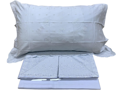 Sgarlata Home Refined double bed sheet set in pure cotton satin with precious original Swiss San Gallo lace applied and embroidered