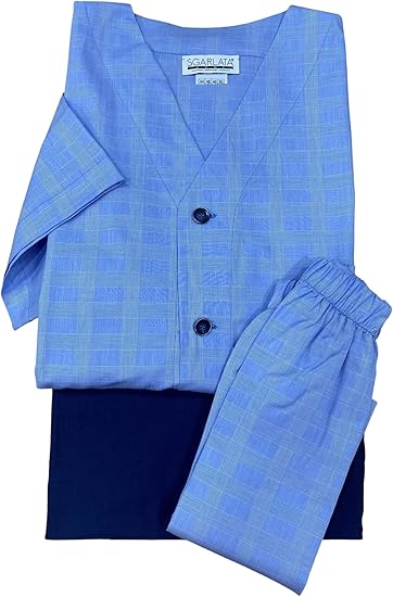 SGARLATA HOME Men's Pyjamas Three Piece Buttoned Short Sleeves + 1 Long Trouser + 1 Short Trouser MOD. Cardigan in Pure Mercerized and Yarn Dyed Makò Cotton Spring Weight Art. Marco