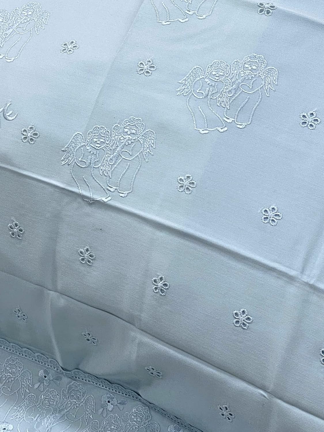 Sgarlata Home Refined double bed sheet set in pure cotton satin with precious original Swiss San Gallo lace applied and embroidered