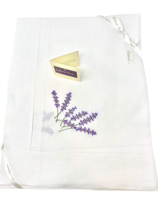 BELLAVIA RICAMI Elegant Table Service in 100% Pure Linen Finished with precious Hemstitch and Hand Embroidery Art. Lavender with Rectangular Napkins for 12 places cm. 180x270