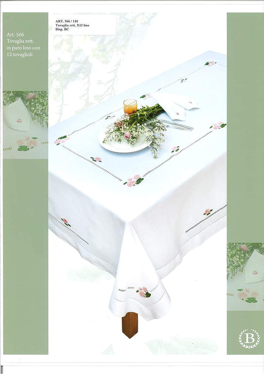 BELLAVIA RICAMI Elegant Table Service in 100% Pure Linen Finished with Precious Hemstitch, Gigliuccio and Hand Embroidery Art. 566TV Rectangular for 12 places cm. 180x270