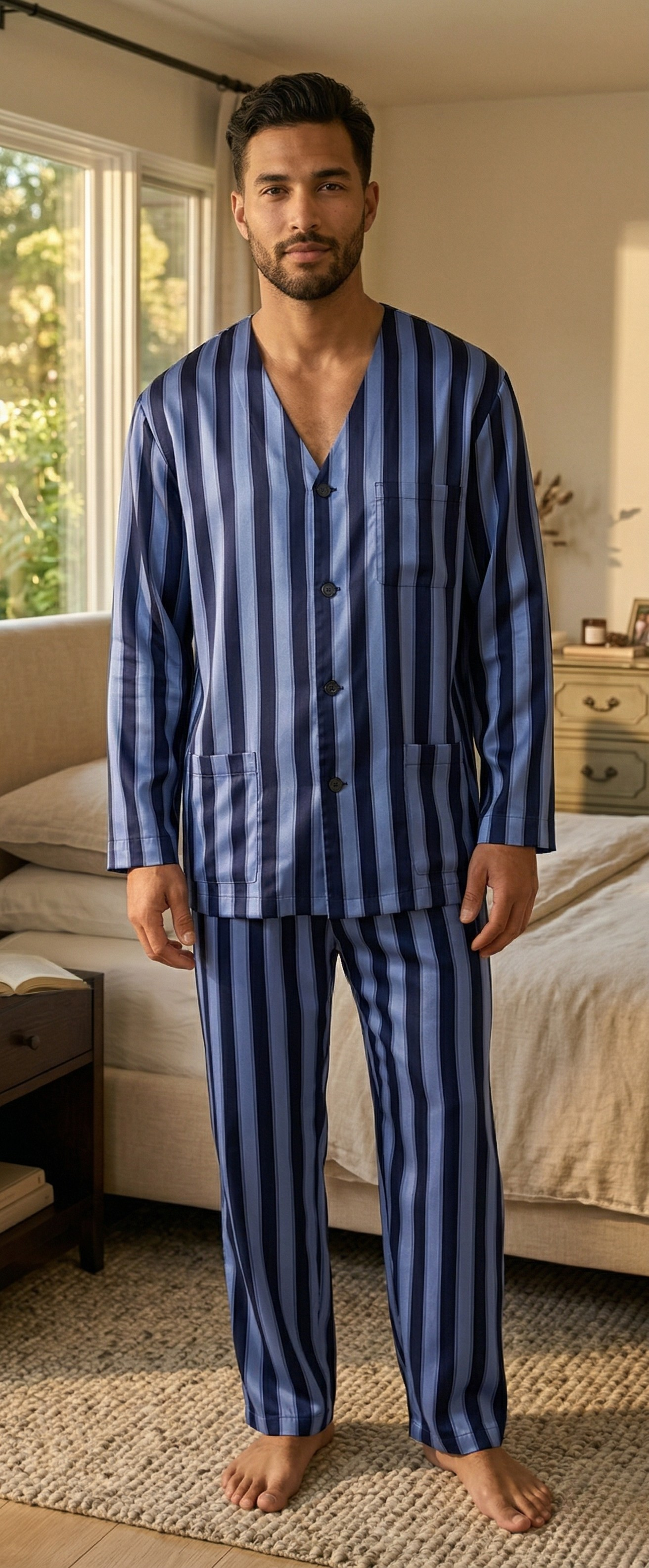 Esquire Pigiama per Uomo in puro Cotone Mercerizzato riga raso senza collo art. TF05541