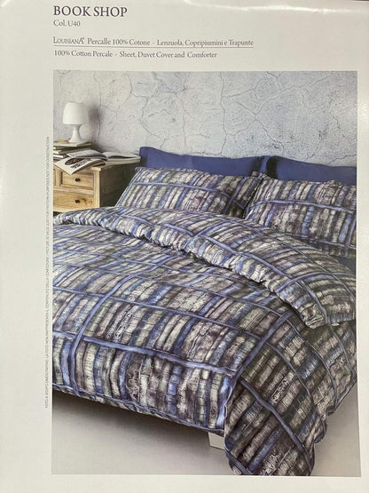 Housse de couette complète Mirabello pour lit double en percale de pur coton de Louisiane 190 fils au cm² Art. Librairie