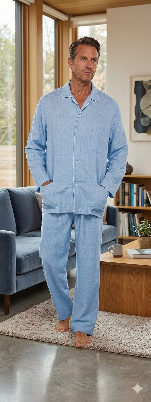 Pigiama Uomo in Flanella di Puro Cotone Collo Camicia con Profilo Pantalone Aperto Art. E01519