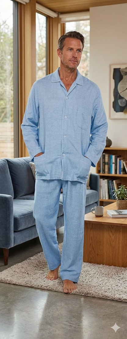 Pigiama Uomo in Flanella di Puro Cotone Collo Camicia con Profilo Pantalone Aperto Art. E01519