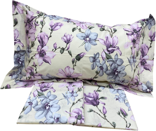 Mirabello Complete Double Bed Sheets in Fine Cotton Percale, Bedspread Effect with Double Ruffle Art. Elegant flowers color LILAC