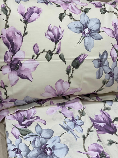 Mirabello Complete Double Bed Sheets in Fine Cotton Percale, Bedspread Effect with Double Ruffle Art. Elegant flowers color LILAC