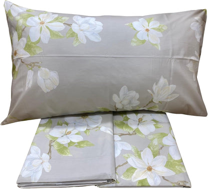 Parure de lit double complète Mirabello en percale 100% pur coton art. Fleurs de magnolia