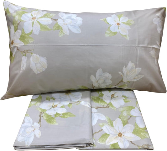 Mirabello complete double bed sheet set in 100% Pure Cotton Percale, art. Magnolia Flowers