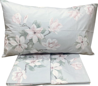 Parure de lit double complète Mirabello en percale 100% pur coton art. Fleurs de magnolia