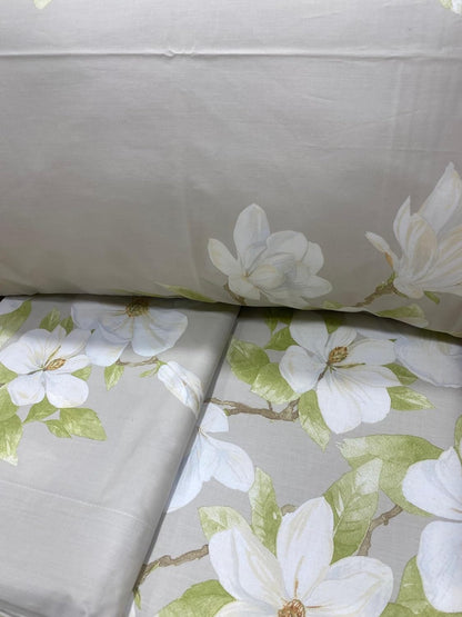 Parure de lit double complète Mirabello en percale 100% pur coton art. Fleurs de magnolia