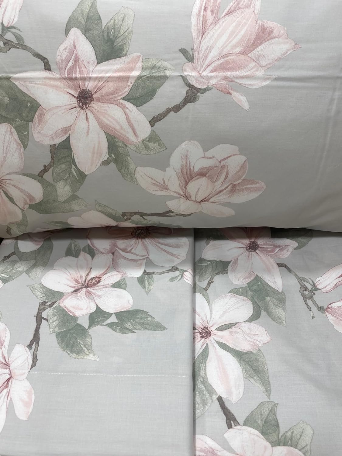 Parure de lit double complète Mirabello en percale 100% pur coton art. Fleurs de magnolia