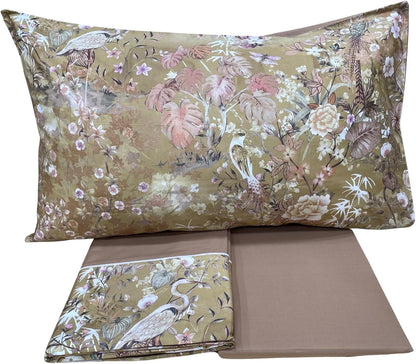 Fazzini complete double bed sheets in Pure Cotton Satin 300TC with Silk and Dream finishing art. Giardini d'Oriente 