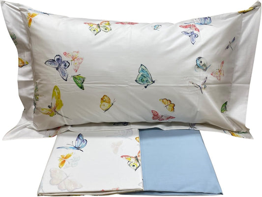 Mirabello Complete Double Bed Sheets in Fine Louisiana Cotton Percale, Bedspread Effect with Double Ruffle Art. Giverny Butterfly