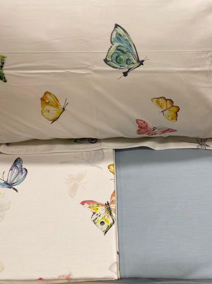 Draps de lit complets Mirabello en percale de coton fin de Louisiane, effet couvre-lit avec double volant Art. Giverny Butterfly