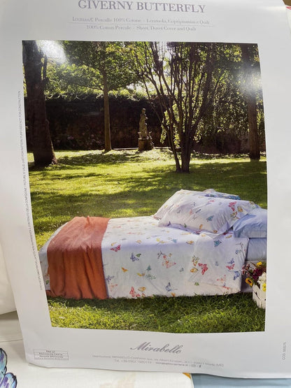 Draps de lit complets Mirabello en percale de coton fin de Louisiane, effet couvre-lit avec double volant Art. Giverny Butterfly