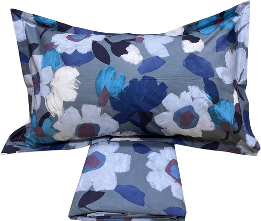 Ensemble housse de couette double Mirabello (sans drap de dessous) en percale de pur coton de Louisiane art. Fleur graphique (Bleu U20)