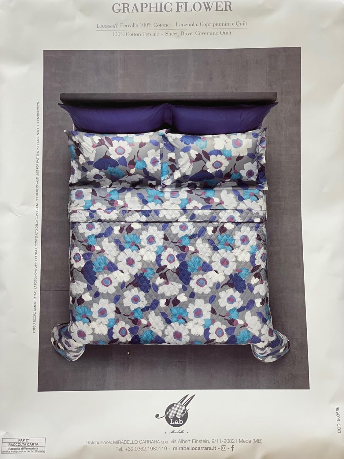 Mirabello double duvet cover set (without bottom sheet) in pure Louisiana cotton percale art. Graphic Flower (Blue U20)