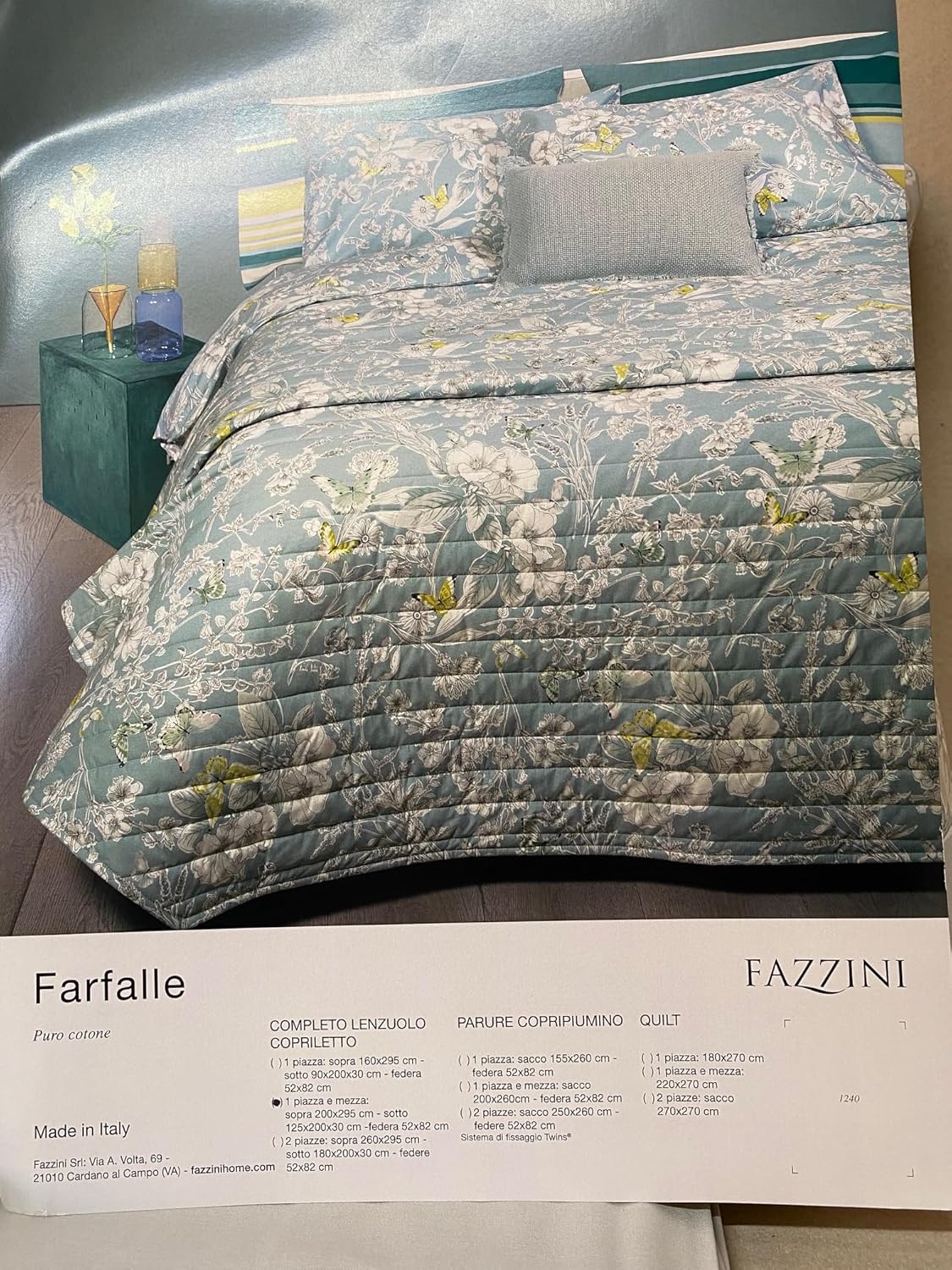 Fazzini complete bed sheets for one and a half squares pure cotton with double flounce and bedspread effect, art. Farfalle 