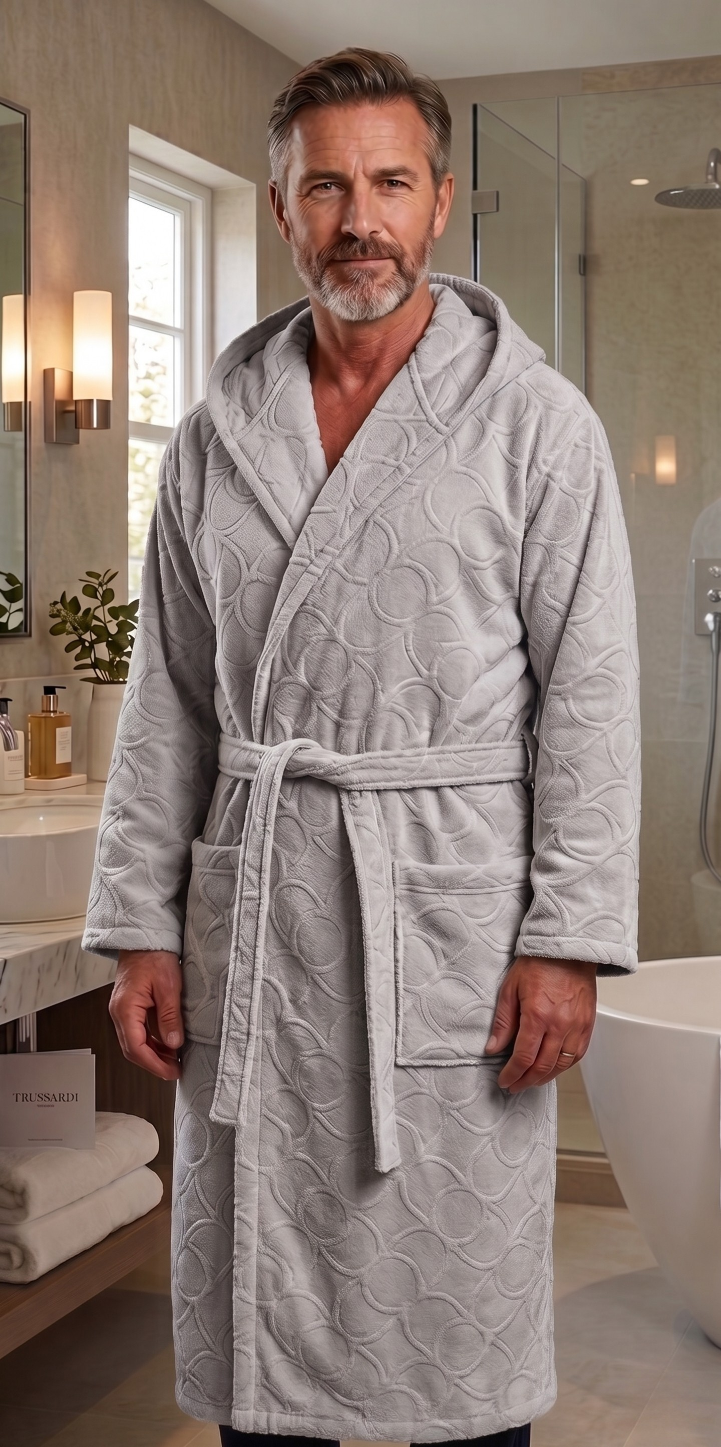 Trussardi Casa Unisex Bathrobe with Hood in Pure Sheared Sponge Art. Greyhound Monogram