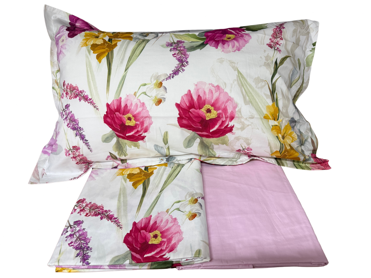 Mirabello Completo Lenzuola letto Due piazze in fine Percalle di Cotone, Effetto copriletto con Doppia Balza Art. Charming flowers